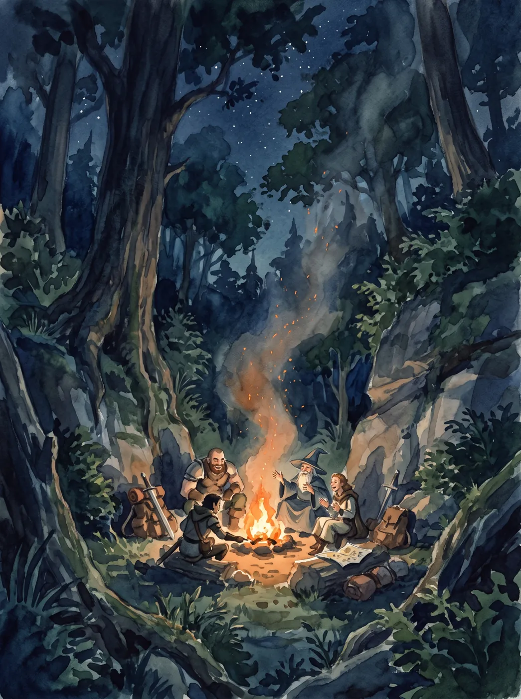 An adventuring party resting around a campfire in the forest